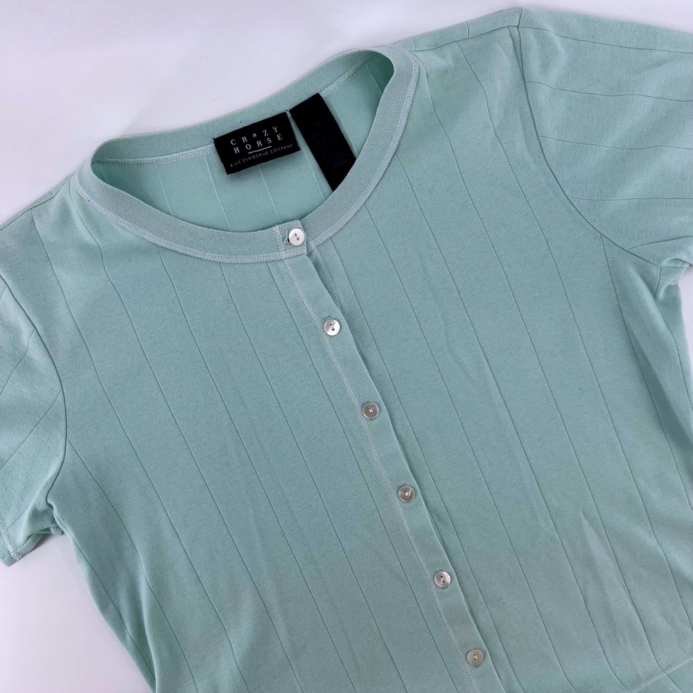 Crazy Horse Women Medium Light Blue Cotton Ribbed Button Front Short Sleeve Top